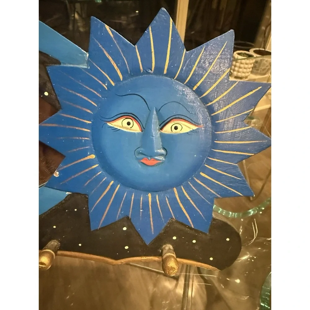 Vintage 90s Hand Painted Sun Moon Celestial Wall Mirror Coat Hooks Blue Black